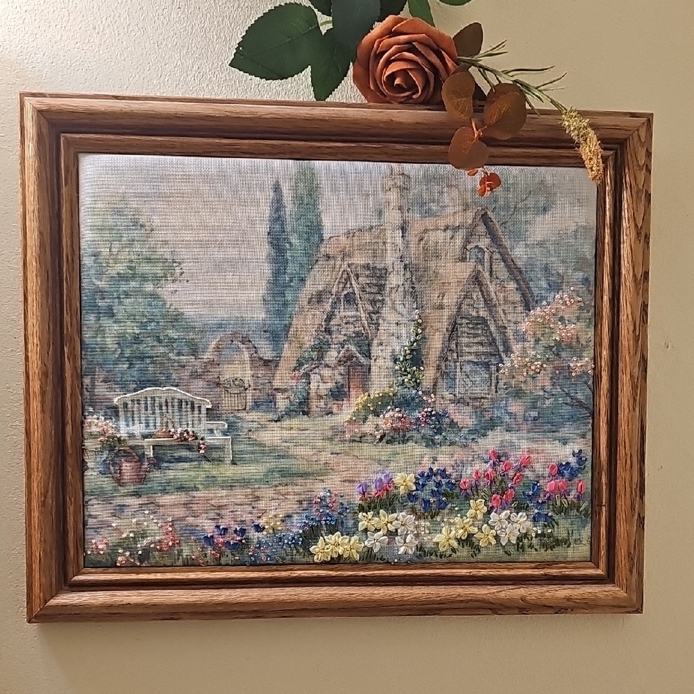 Barbara Mock Framed Secluded Garden Tapestry Art Signed Vintage